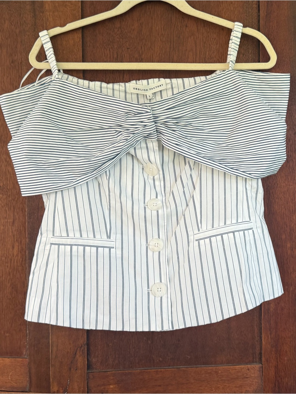 English Factory White and Navy Striped Off-Shoulder Button Front Camisole